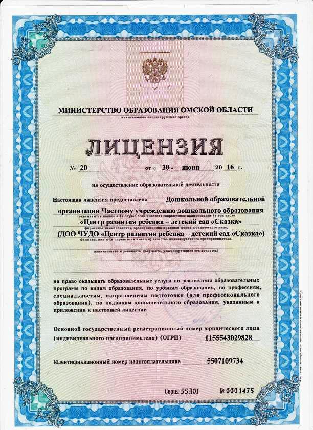 Лицензия на образовательную деятельность нейросада «Сказка»